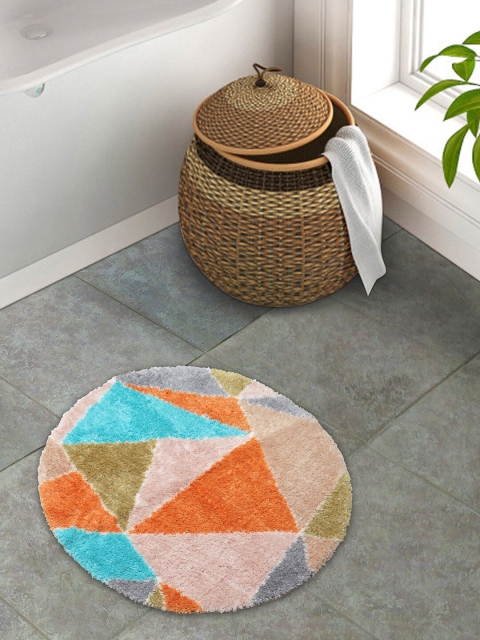 

SPACES Pink & Blue Colourblocked Polyester 1962 GSM Round Mat