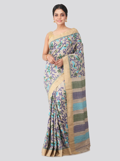 

PinkLoom Beige & Blue Pure Cotton Woven Design Jamdani Saree