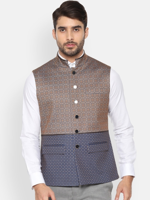 

V Dot Men Beige & Blue Printed Nehru Jacket