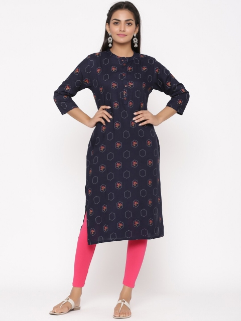 

WomenMagic Women Navy Blue & Pink Printed Straight Kurta