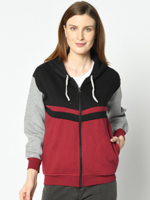 

VIMAL JONNEY Women Maroon & Black Colourblocked Hooded Sweatshirt