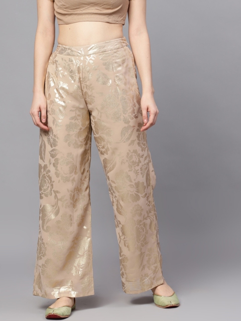 

AKS Women Beige & Gold-Toned Self Design Wide Leg Palazzos