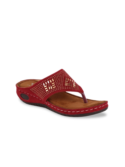 

TRASE Women Maroon Embellished Synthetic Suede T-Strap Flats