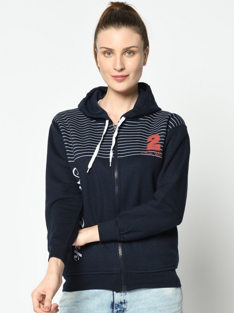 

VIMAL JONNEY Women Navy Blue Antimicrobial Striped Hooded Sweatshirt