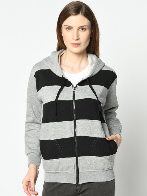 

VIMAL JONNEY Women Grey Melange & Black Striped Hooded Sweatshirt