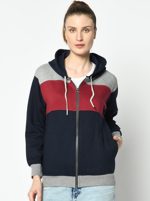 

VIMAL JONNEY Women Navy Blue & Red Colourblocked Hooded Sweatshirt