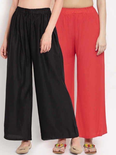 

TAG 7 Women Pack Of 2 Red & Black Solid Flared Palazzos