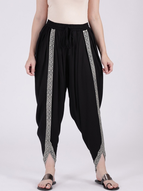 

9rasa Women Black Solid Dhoti Pants With Hand Block Print
