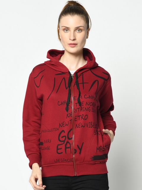

VIMAL JONNEY Women Maroon & Black Printed Hooded Sweatshirt