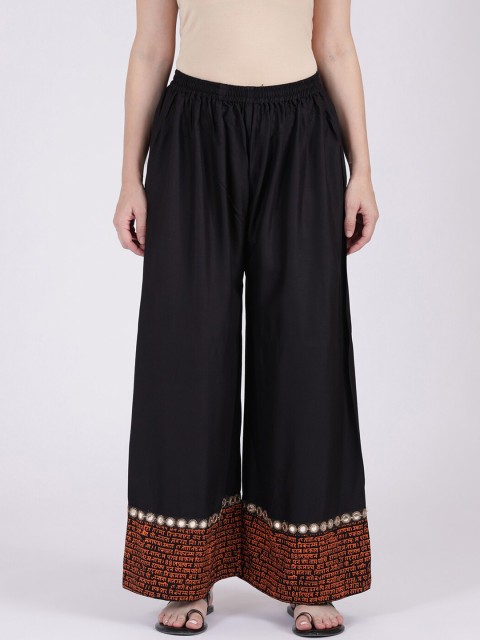 

9rasa Women Black & Orange Embroidered Wide Leg Palazzos