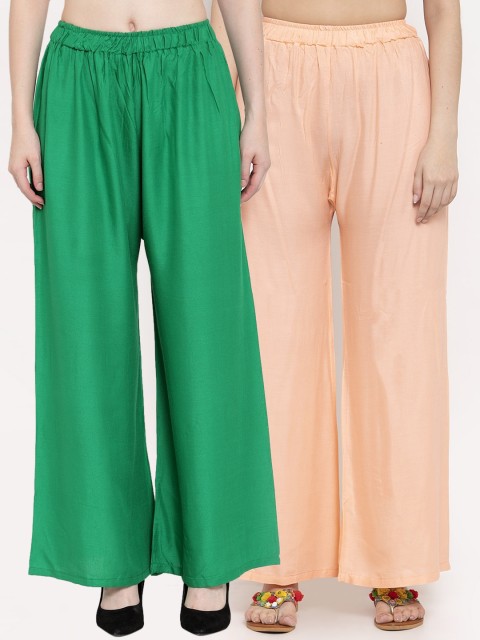 

TAG 7 Women Set Of 2 Green & Peach-Coloured Solid Straight Palazzos