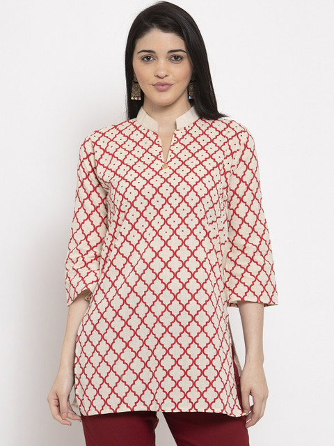 

Clora Creation Women Off-White & Red Printed Pure Cotton Straight Kurti