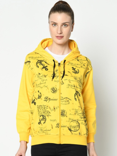 

VIMAL JONNEY Women Yellow & Black Printed Hooded Sweatshirt