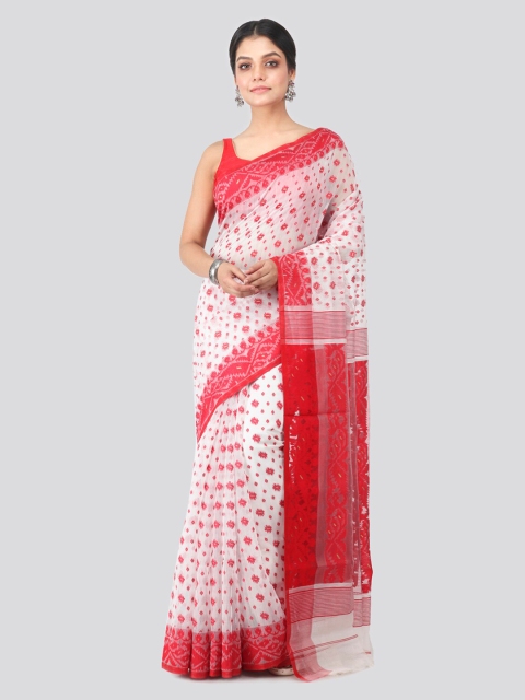 

PinkLoom White & Red Pure Cotton Woven Design Jamdani Saree