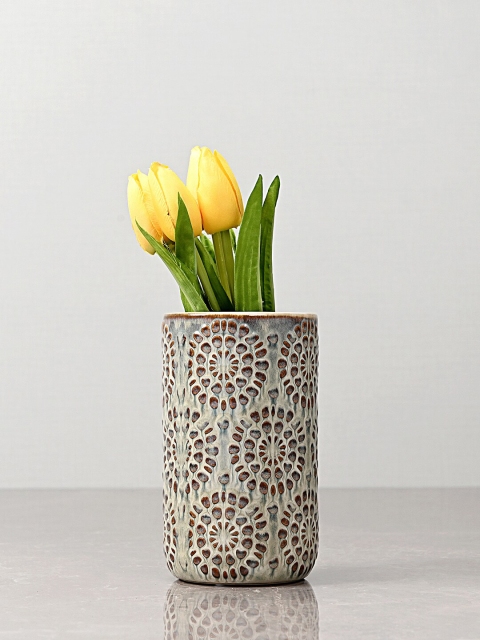 Pure Home and Living Grey-Melange & Brown Textured Small Floral Vase