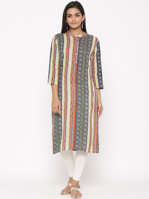 

WomenMagic Women Cream-Coloured & Red Printed Straight Kurta