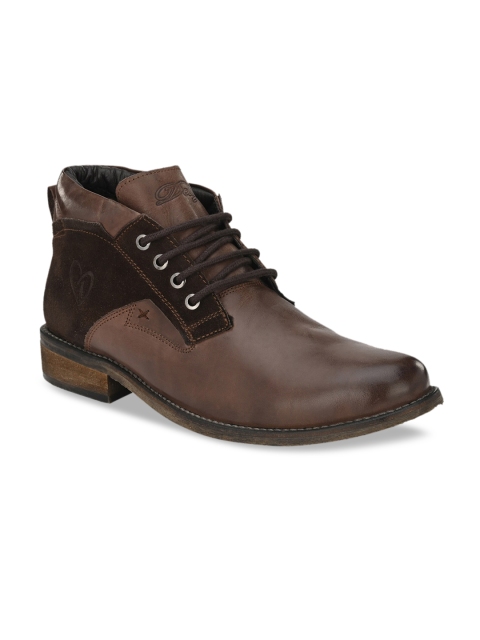 

Delize Men Brown Colourblocked Leather Mid-Top Memory Foam Flat Boots