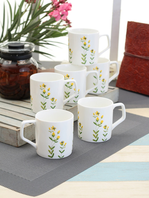 

CLAY CRAFT Set Of 6 Green & White Floral Printed Ceramic Tea & Coffee Mugs