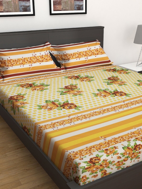 

GRES HOME Beige Floral 144 TC Cotton 1 King Bedsheet with 2 Pillow Covers