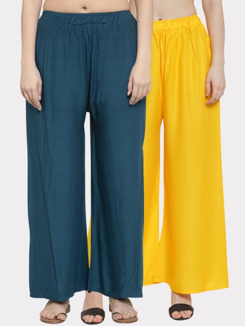 

TAG 7 Women Pack Of 2 Yellow & Teal Blue Solid Flared Palazzos
