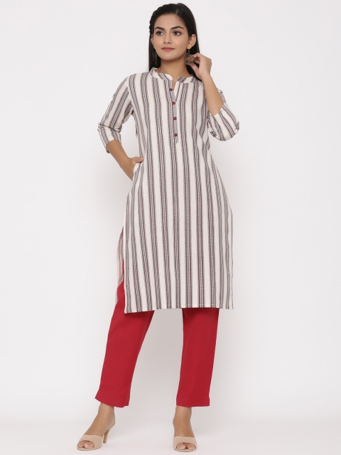 

WomenMagic Women Cream-Coloured & Red Striped Straight Kurta