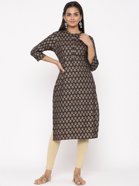 

WomenMagic Women Black & Yellow Printed Straight Kurta