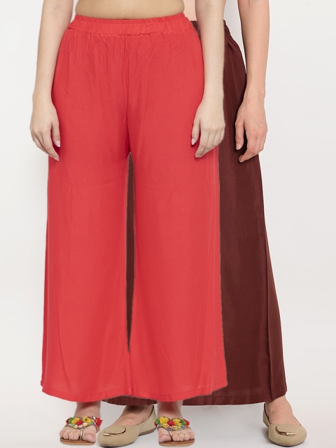 

TAG 7 Women Red & Brown Pack of 2 Solid Flared Palazzos