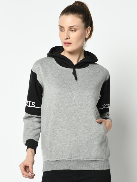 

VIMAL JONNEY Women Grey Melange & Black Colourblocked Hooded Sweatshirt