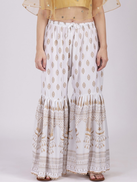 

9rasa Women Off-White & Gold-Toned Printed Flared Palazzos