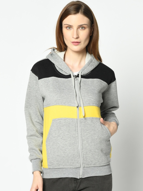 

VIMAL JONNEY Women Grey Melange & Black Colourblocked Hooded Sweatshirt