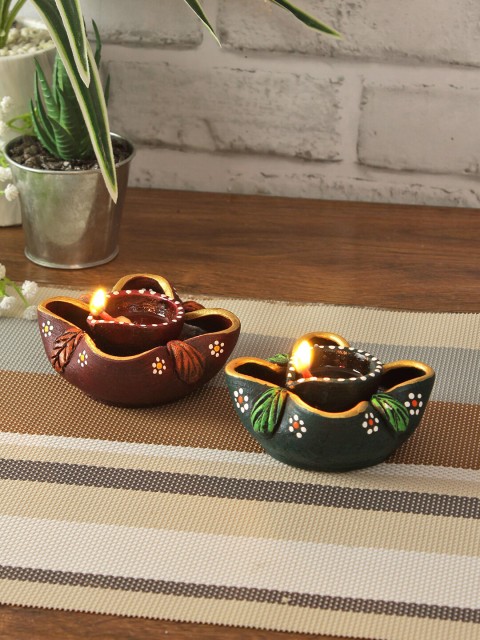 

Aapno Rajasthan Set Of 2 Brown & Green Designer Handcrafted Terracotta Diyas