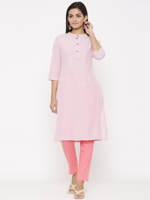 

WomenMagic Women Pink Striped Straight Kurta