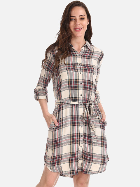 

Cherokee Women Beige Checked Shirt Dress