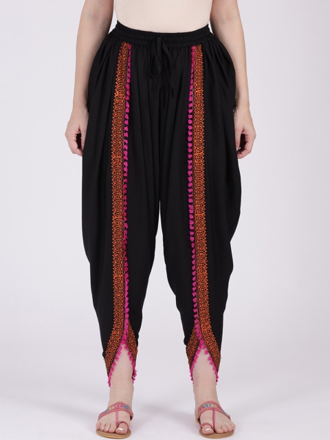 

9rasa Women Black Solid Dhoti Pants With Hand Block Print & Tassels