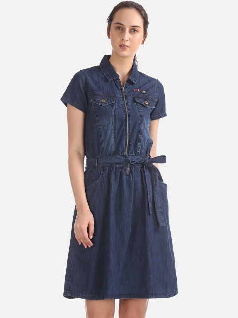 

Cherokee Women Navy Blue Solid Denim Shirt Dress