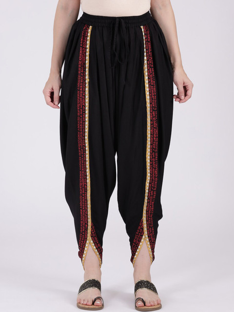 

9rasa Women Black Solid Dhoti Pants With Hand Block Print & Gota Lace