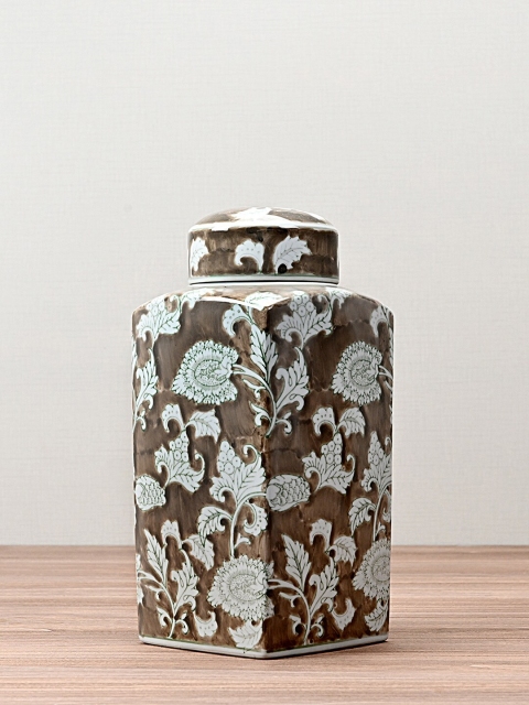 

Pure Home and Living Brown & White Floral Printed Decorative Jar