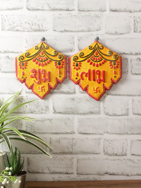 

Aapno Rajasthan Yellow Set Of 2 Handpainted Terracotta Shubh Laabh Wall Hanging