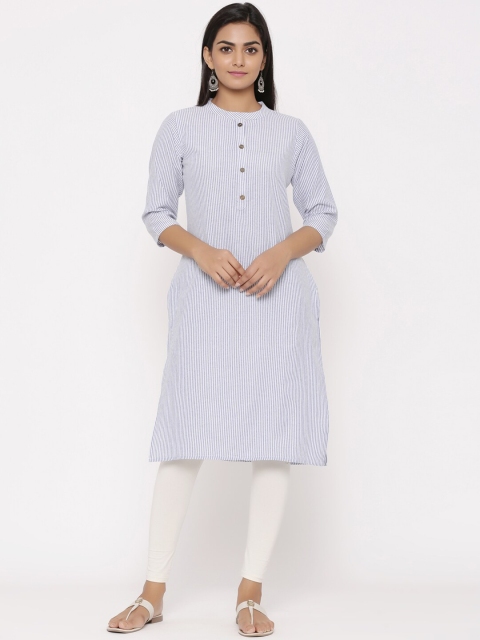 WomenMagic Women Blue & White Striped Straight Kurta