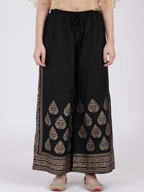 

9rasa Women Black & Gold-Toned Printed Wide Leg Palazzos