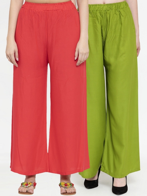 

TAG 7 Women Set Of 2 Green & Red Solid Straight Palazzos