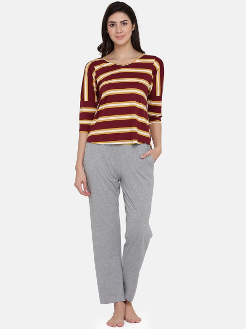 

Clovia Women Maroon & Grey Striped Night suit