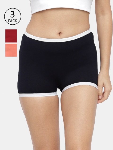 

N-Gal Women Pack Of 3 Multicoloured Solid Seamless Boy Shorts NPBS01, Black