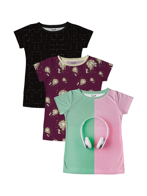 

mezmoda Girls Pack Of 3 Printed Round Neck T-shirt, Green