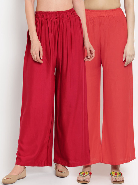 

TAG 7 Women Pack of 2 Solid Flared Palazzos, Red