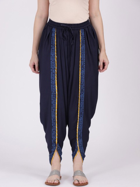 

9rasa Women Navy Blue Solid Dhoti Pants With Hand Block Print & Gota Lace