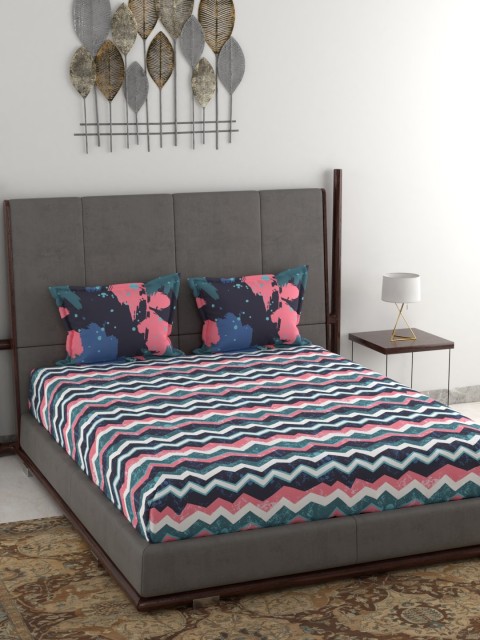 

Trident Navy Blue & Pink Geometric 144 TC Cotton 1 Queen Bedsheet with 2 Pillow Covers