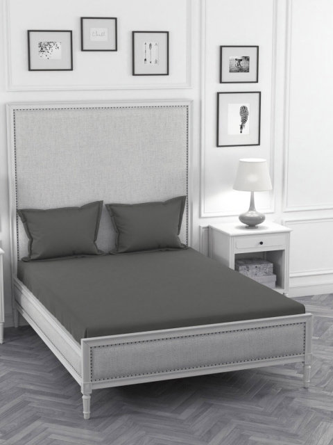 Portico New York Grey Solid 210 TC Cotton 1 King Bedsheet with 2 Pillow Covers