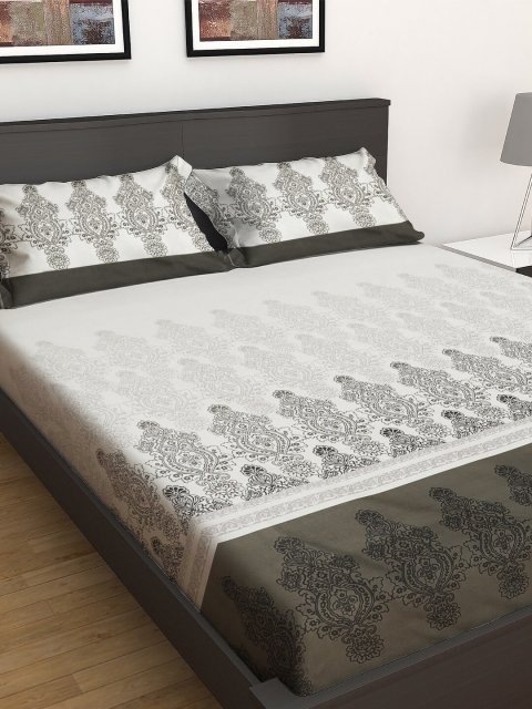 

GRES HOME Grey & White Ethnic Motifs 144 TC Cotton 1 Extra Large Bedsheet with 2 Pillow Covers