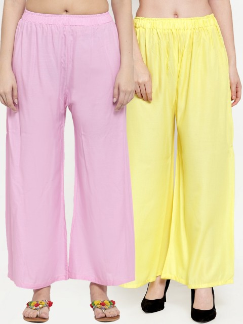 

TAG 7 Women Yellow & Pink Pack of 2 Solid Flared Palazzos